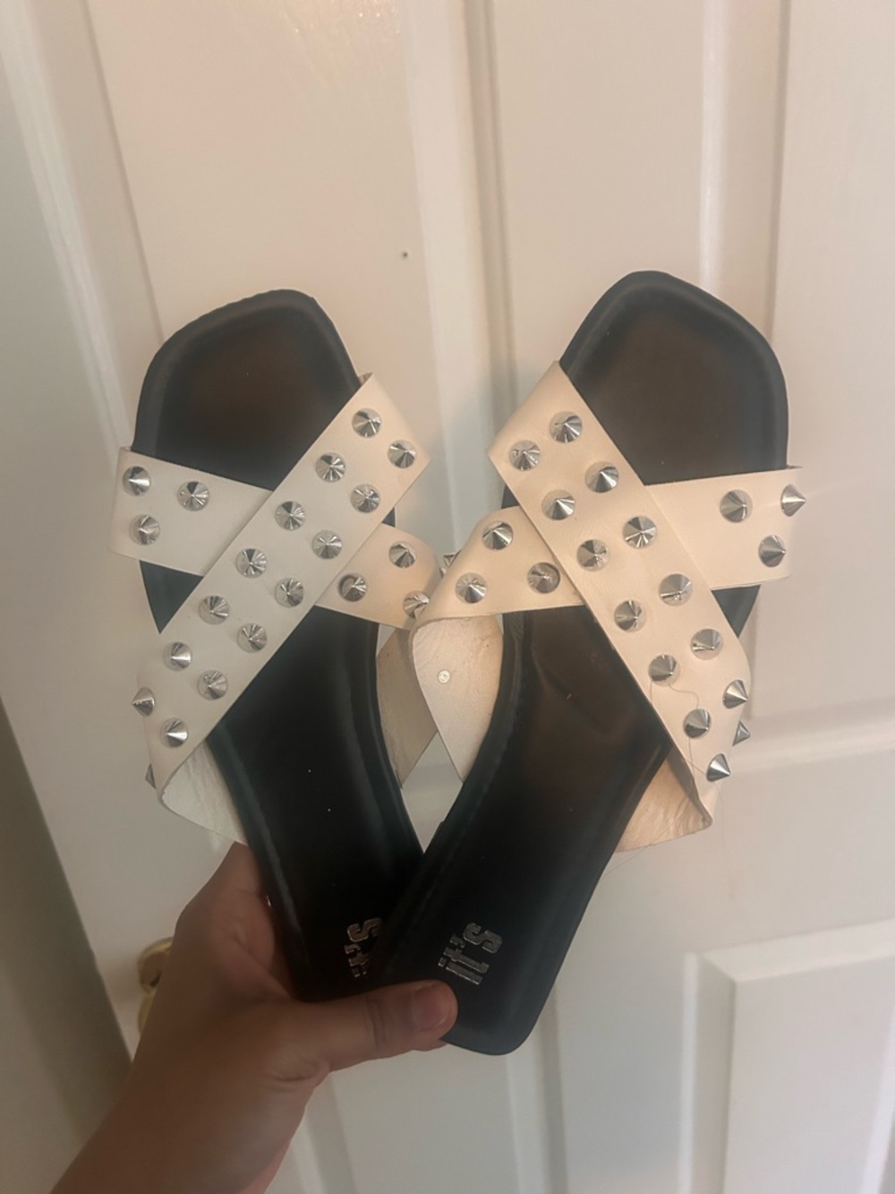 Studded Cream Cross-Strap Women's Slide Sandals